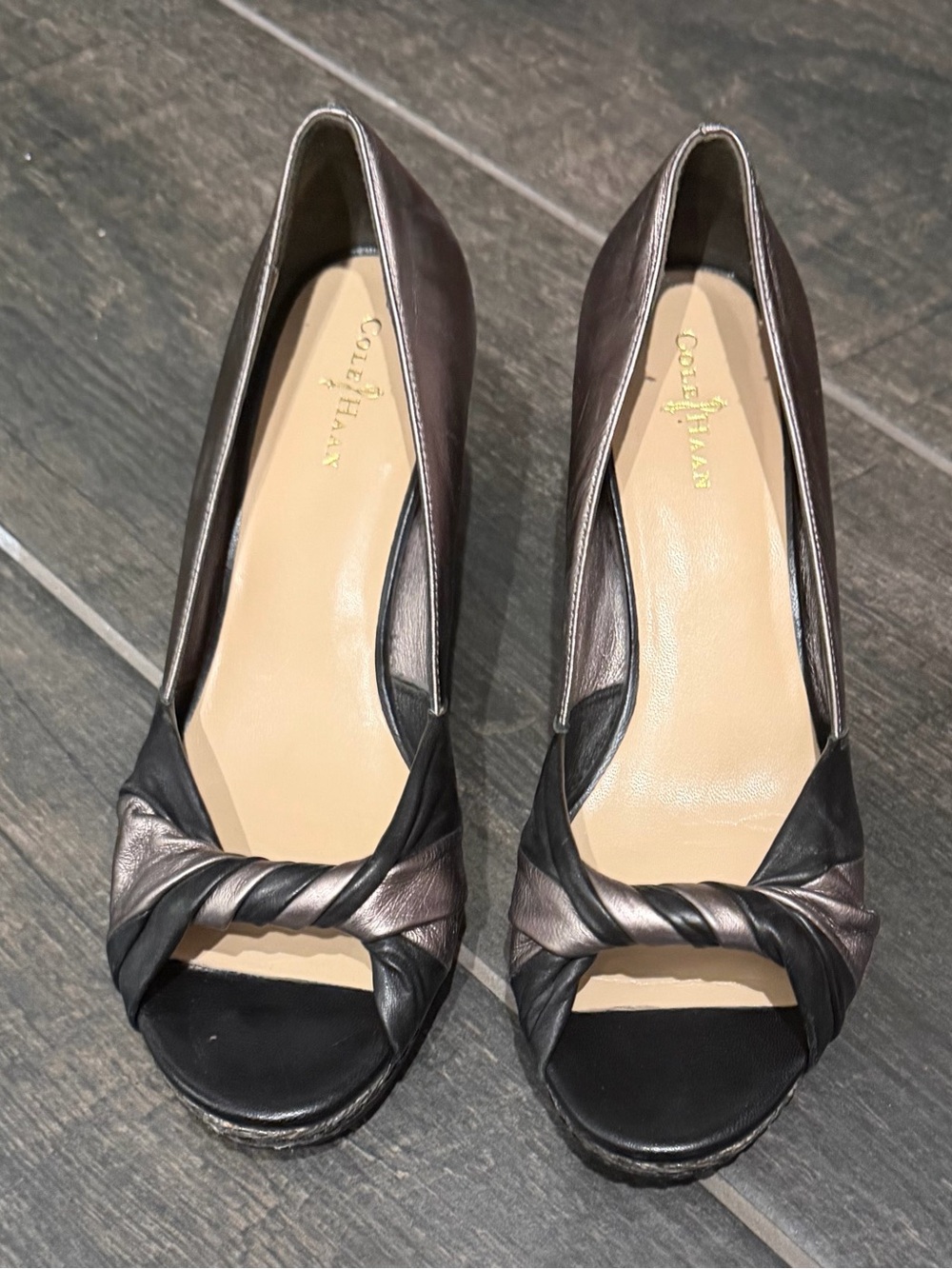 Cole Haan Metallic Black and Gray Twist Peep-Toe Wedges